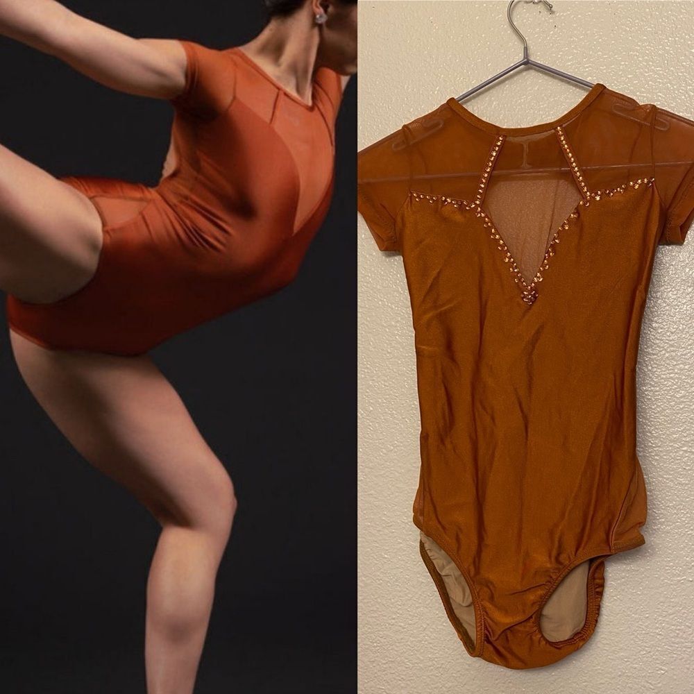 Patrick J designs solo custom dance costume rust orange illusion leotard XSA adu